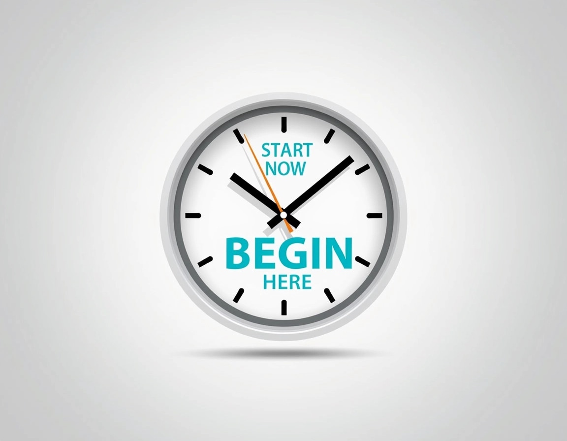 Design a clock face featuring a modern, minimalist aesthetic. The clock should have a white dial with a soft gray rim and simple black hour and minute hands. Replace the text "START NOW" with "BEGIN HERE" in a bold, sans-serif font, using a vibrant blue color. The hour markers can be small black ticks, and the overall background should have a subtle gradient transitioning from light gray to white, giving it a clean and contemporary feel.