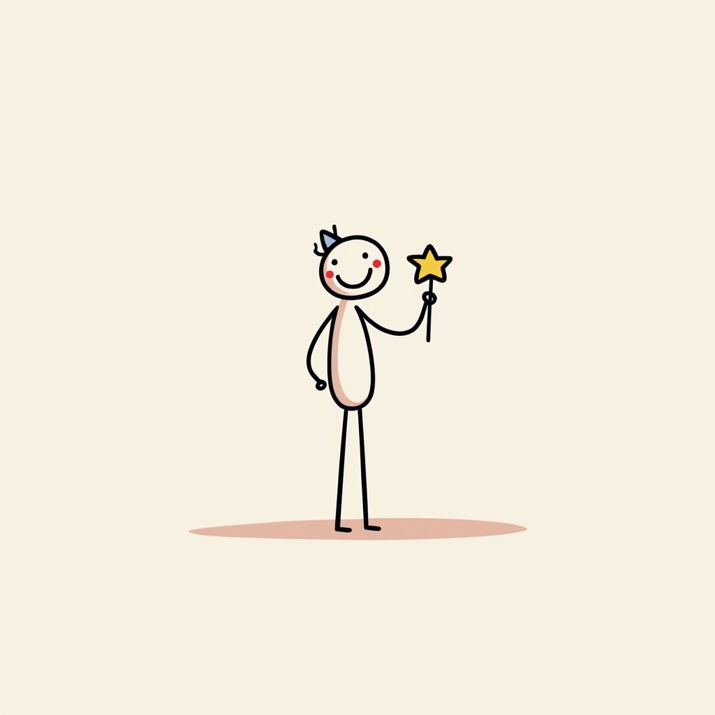 Create a minimalist illustration of a simple, tall, stick-figure character with a round head and a joyful expression. The character should stand with one arm extended, holding a star instead of a flower. The other hand can rest on the hip. The overall style should be clean and linear, with smooth curves and no brand references. Use a neutral color palette, focusing primarily on black for the outline and a subtle pastel for the star.