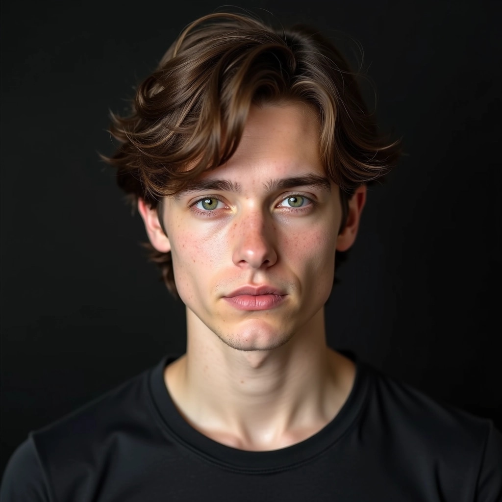 Create an image featuring a close-up portrait of a person with a slightly different hairstyle, such as wavy hair instead of straight. Use a neutral gray background instead of black. The person should have a serious expression, with striking green eyes. Their shirt should be a simple light color instead of black. Ensure there are no brand references in the clothing or background.