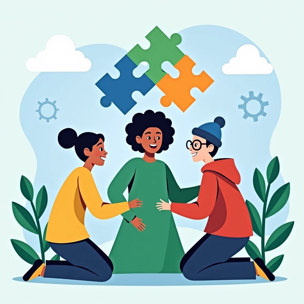 **Design Breakdown with Changes:**
- **Background**: Change the background color to a soft pastel blue.
- **Character Features**:
- Replace the three characters with diverse representations:
- A woman with short hair wearing a yellow shirt, kneeling on the left.
- A person with curly hair wearing a green dress in the center.
- A person with a beanie and glasses, dressed in a red hoodie, on the right.
- **Puzzle Pieces**:
- Alter puzzle piece colors to blue, green, and orange.
- Shape the puzzle pieces to have rounded corners for a softer look.
- **Gears**:
- Remove the gears in the background and replace them with simplistic cloud shapes to give a lighter feel.
- **Plants**:
- Add taller, leafy plants on both sides for added depth and greenery.
- **Overall Composition**:
- Reorganize the layout to create a more dynamic interaction, with the central character tilting slightly forward as if engaging with the others.
This reimagined scene emphasizes teamwork and diversity in a friendly, inviting environment.