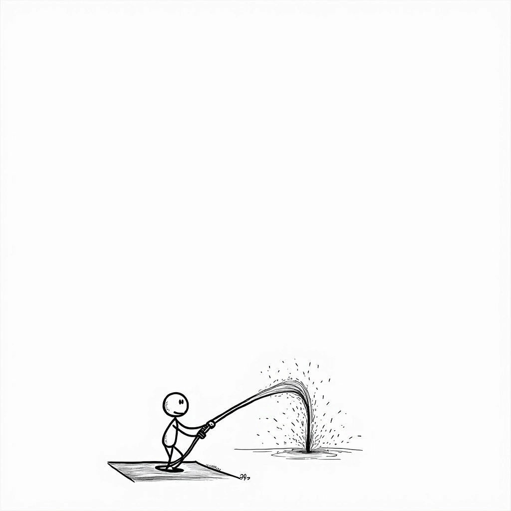 Create a simple line drawing of a stick figure standing on a platform, joyfully pointing a water hose towards a fountain of water spraying upward. Replace the fountain structure with a playful, whimsical shape, and change the stick figure's expression to one of surprise. Remove any brand elements, ensuring a playful and inviting scene.