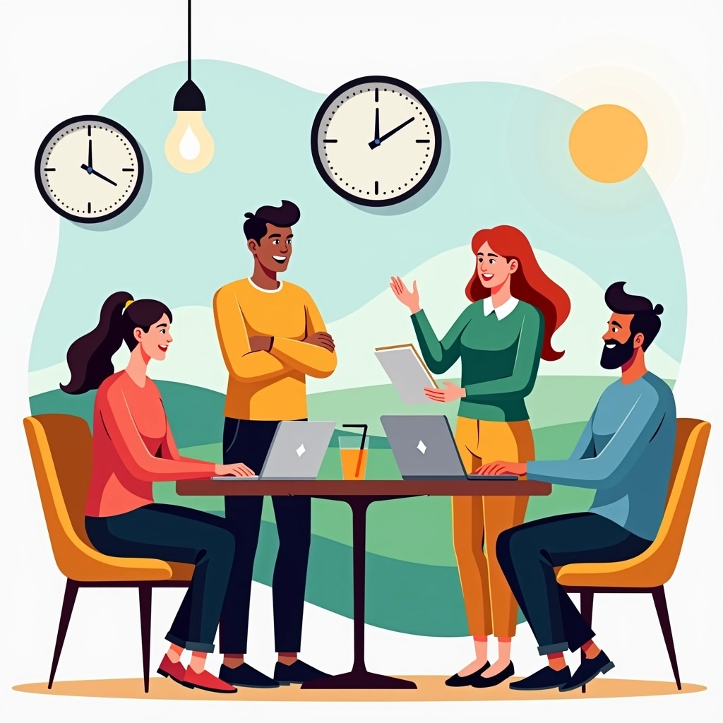 Create an illustration featuring four diverse people engaged in a brainstorming session around a table. One individual stands confidently with arms crossed, while another gestures enthusiastically with a notepad in hand. A person at the table types on a laptop, and another relaxes with a beverage. The setting should include bright colors, a serene outdoor background with rolling hills, and a large clock on the wall, emphasizing a lively and collaborative atmosphere without any brand references.