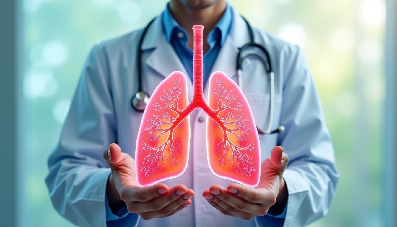 Create an illustration featuring a pair of transparent lungs held by a healthcare professional. The person should be wearing a light-colored lab coat with a stethoscope around their neck, but without any visible brand logos. The lungs should have a vibrant, detailed interior showcasing alveoli and bronchial structures, with a soft glowing effect. The background should be a gradient of calming blues and greens, symbolizing health and wellness. Remove any specific medical references or tools, focusing instead on a serene and educational atmosphere.