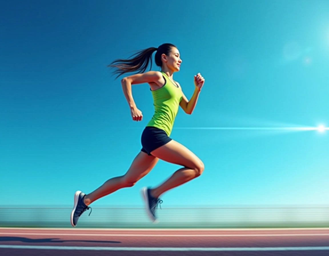 Design a dynamic image of a female athlete sprinting on a track. Change the background to a vivid blue gradient, suggest a sense of speed with light streaks. Replace the athlete's outfit with a vibrant green sports tank top and black shorts. Maintain an energetic posture but adjust her facial expression to show determination rather than joy. The track should have white lines, and the ground should appear slightly blurred to emphasize motion.