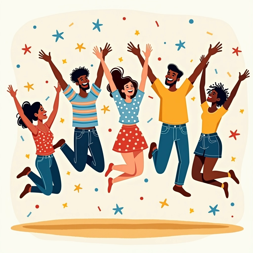 Create a colorful illustration featuring six diverse cartoon characters joyfully jumping in the air, with a lighthearted atmosphere. Change the hairstyles and outfits to reflect different styles: one character could have curly hair and wear a striped shirt, another could have short hair and a polka dot dress, while others could wear casual jeans or sporty attire. Remove any brand references and replace current colors with bright, cheerful tones. Add whimsical elements like stars and confetti in the background to enhance the festive vibe.