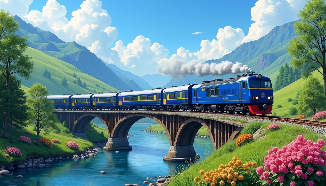 Create an image featuring a blue train traveling along a curved wooden bridge, set amid lush green hills and a bright blue sky with fluffy white clouds. The bridge should have a rustic appearance, with visible wooden beams supporting the structure. Replace the vibrant foliage with a mix of colorful flowers and trees, enhancing the scenic beauty. Include a gentle river flowing below the bridge to add an element of tranquility.