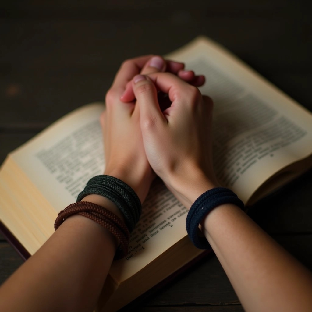 Create an image showing a pair of hands clasped together in a contemplative pose, with a muted background that features an open book. The person wearing casual, textured bracelets on both wrists, without any identifiable logos or brand references. The lighting should be soft and warm, focusing on the hands and the book's pages.