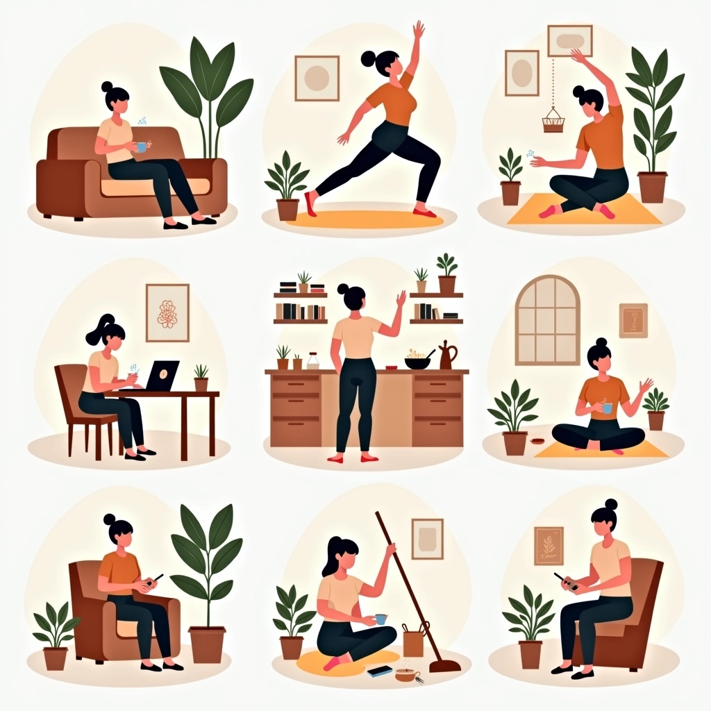 Create a series of illustrations depicting a person engaging in various everyday activities. Instead of using brand references, focus on general actions such as:
1. **Relaxing on a couch** with a beverage, surrounded by books and plants.
2. **Stretching or doing yoga** on a mat in a calm setting.
3. **Cooking in a kitchen**, mixing ingredients in a bowl.
4. **Sitting at a desk** working on a laptop, with a notebook nearby.
5. **Tending to a garden**, watering plants with a can.
6. **Cleaning a room**, using a broom or vacuum.
7. **Sitting cross-legged on the floor**, enjoying a hobby like crafting or drawing.
8. **Reading a book** comfortably in an armchair.
Use a warm, inviting color palette, with soft lines and minimal detailing to emphasize the relaxed, homey atmosphere.