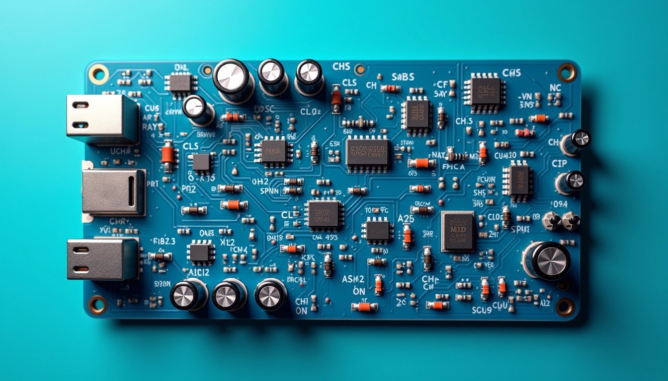 **Prompt for Reimagined Image Design:**
Create an image of a printed circuit board (PCB) with the following features:
1. **Color Scheme:** Use a bright blue background instead of green for the board.
2. **Components:** Include various types of capacitors, resistors, and integrated circuits, but use different shapes and sizes. For instance, opt for cylindrical capacitors with a metallic finish.
3. **Layout:** Arrange the components in a more symmetrical pattern, with clear pathways connecting them.
4. **Details:** Add small LEDs that glow in different colors, strategically placed near the components.
5. **Texture:** Make the surface of the board slightly textured to give it a more realistic appearance, perhaps resembling a matte finish.
6. **Labeling:** Remove any brand labels and instead use generic alphanumeric codes for the components.
Ensure the overall layout conveys a modern, high-tech feel while being distinct from the original design.