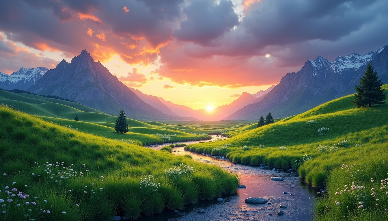 Create a landscape image featuring rolling hills made of vibrant green grass instead of sand. The background should include jagged mountains with snow caps. Replace the clear blue sky with a cloudy, dramatic sunset backdrop showcasing shades of orange, purple, and pink. Add a small, winding river in the foreground, reflecting the colors of the sky, and sprinkle wildflowers throughout the scene for added depth.