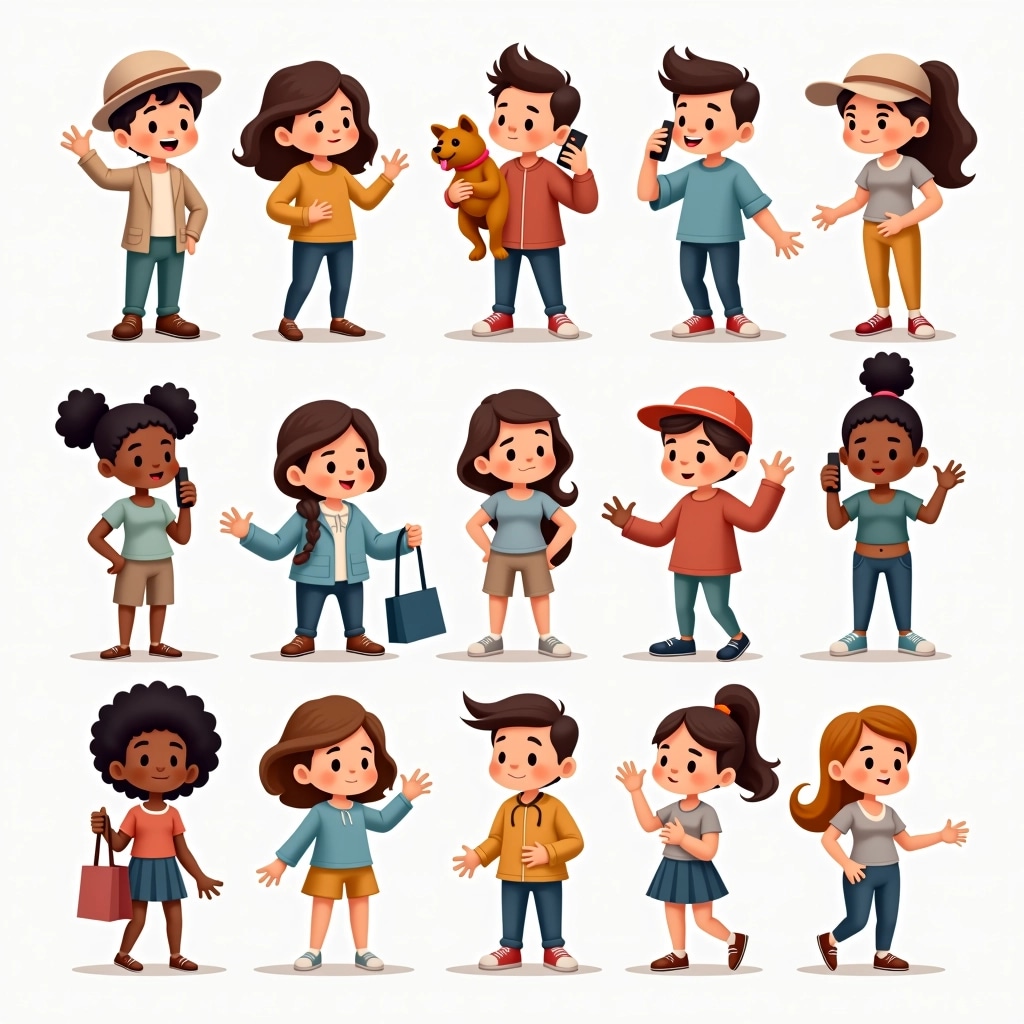 Create a diverse group of cartoon-style characters in a variety of casual situations. Include individuals of different ages, body types, and fashion choices, engaging in activities like talking on the phone, holding a pet, shopping, or exercising. Replace hats with sunglasses, swap out any visible brands with neutral patterns, and change the color schemes to softer pastels. Ensure each character has unique hair styles and expressions to convey a range of emotions. Arrange them in a grid layout with equal spacing.