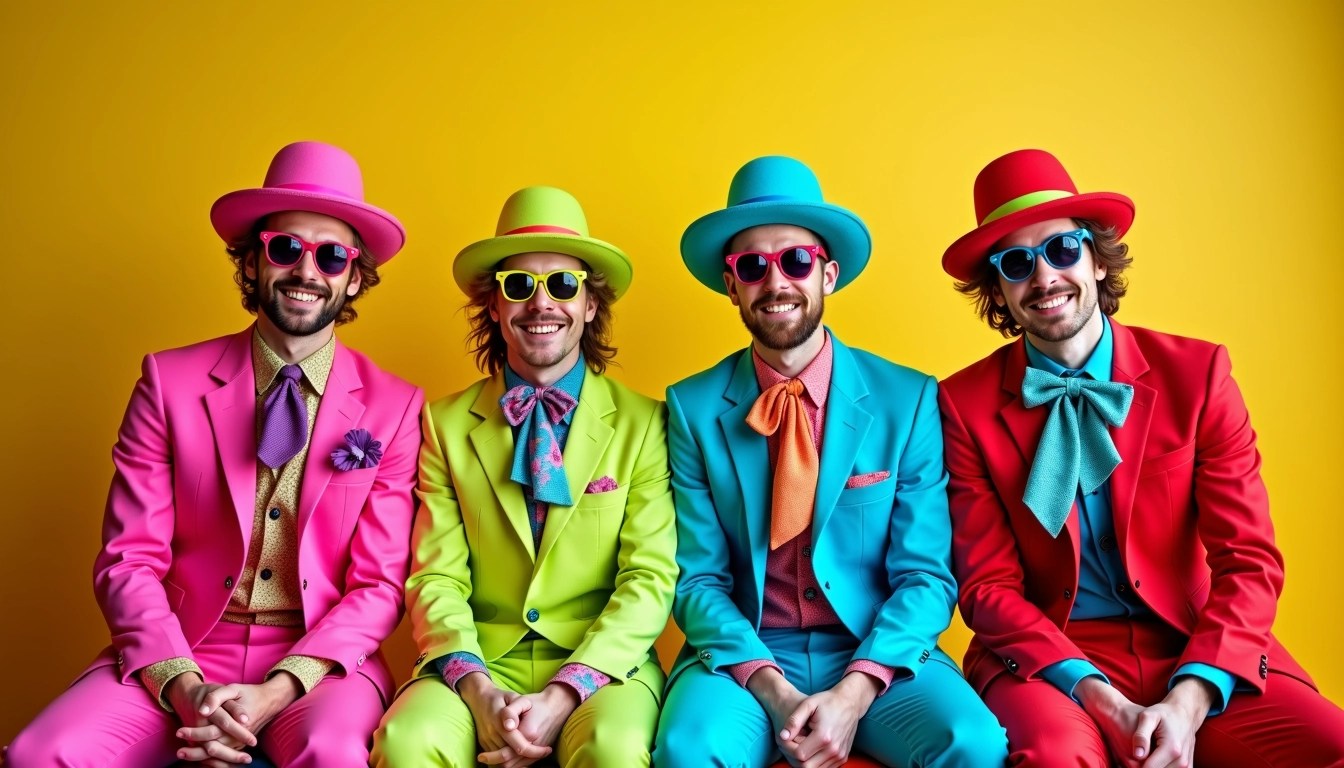 Create an image featuring four men in vibrant and flamboyant outfits, seated together against a solid bright yellow background. Each outfit should be uniquely colored and adorned with intricate patterns, with one man in a bright pink suit, another in electric blue, the third in neon green, and the last in a bold red. Replace extravagant hats with simpler, playful accessories like colorful scarves. The men should have distinctive facial hair and be sporting sunglasses, conveying a cheerful, eclectic vibe.