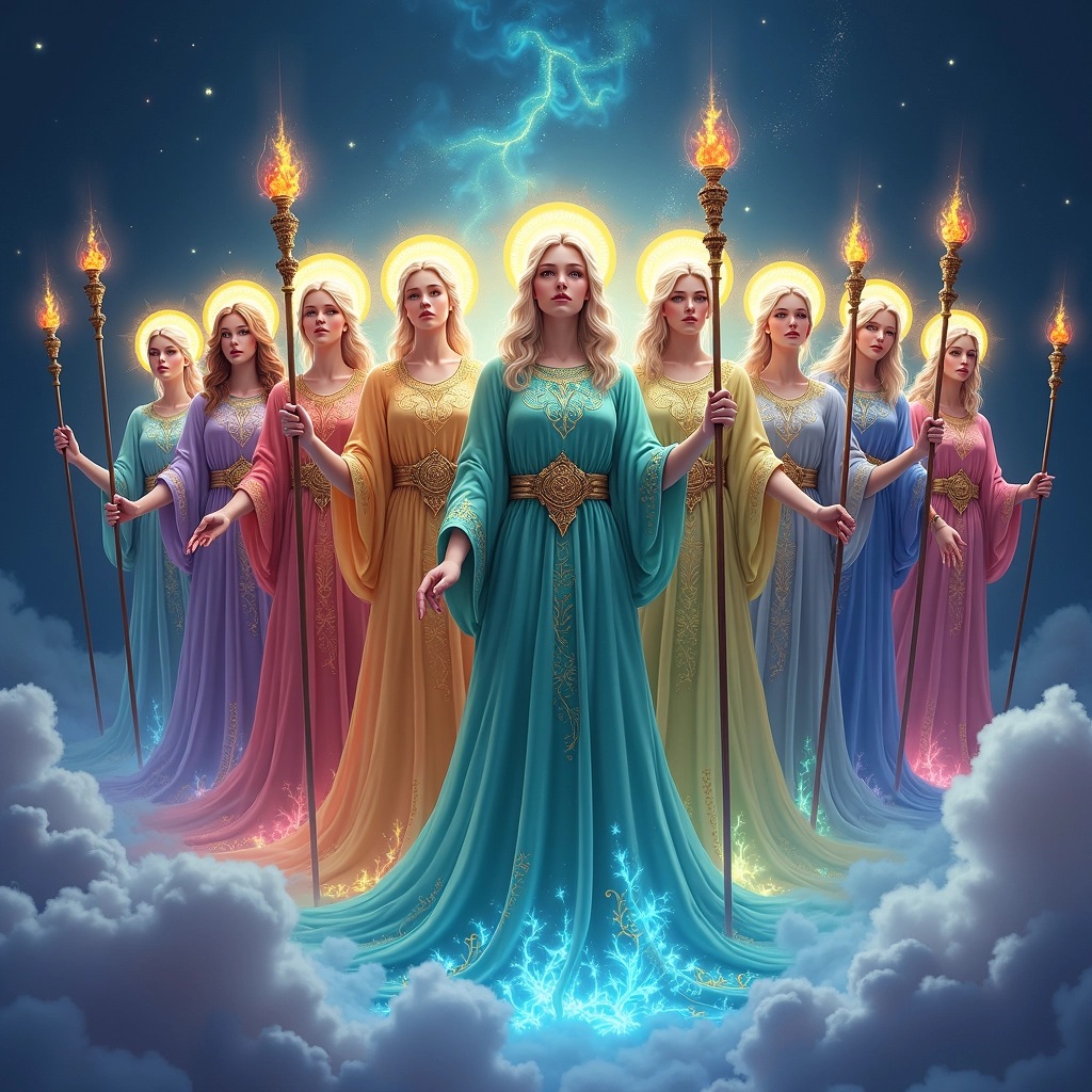 Create an image featuring a formation of nine celestial warriors. Each warrior wears a vibrant, flowing robe adorned with intricate, nature-inspired patterns, resembling leaves and flowers. Instead of haloes, they have luminous, swirling auras above their heads. Their weapons are ornate staves topped with glowing gemstones, and they stand on a soft, swirling mist that transforms into colorful clouds. The background should be a deep indigo, enhancing the ethereal atmosphere of the scene.
