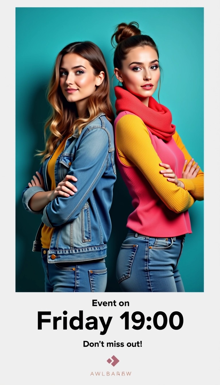 Create a promotional image featuring two models posing side by side. Instead of the current names, use generic names such as "Anna" and "Maria." Change the clothing style to casual outfits: one in a stylish denim jacket and the other in a vibrant scarf top. Use a gradient background that transitions from deep blue to light teal. Place a bold, sans-serif text box at the bottom stating "Event on Friday 19:00" and replace the tagline with "Don't miss out!" Ensure there's a clean white border around the main image, and the overall design appears inviting and contemporary.
