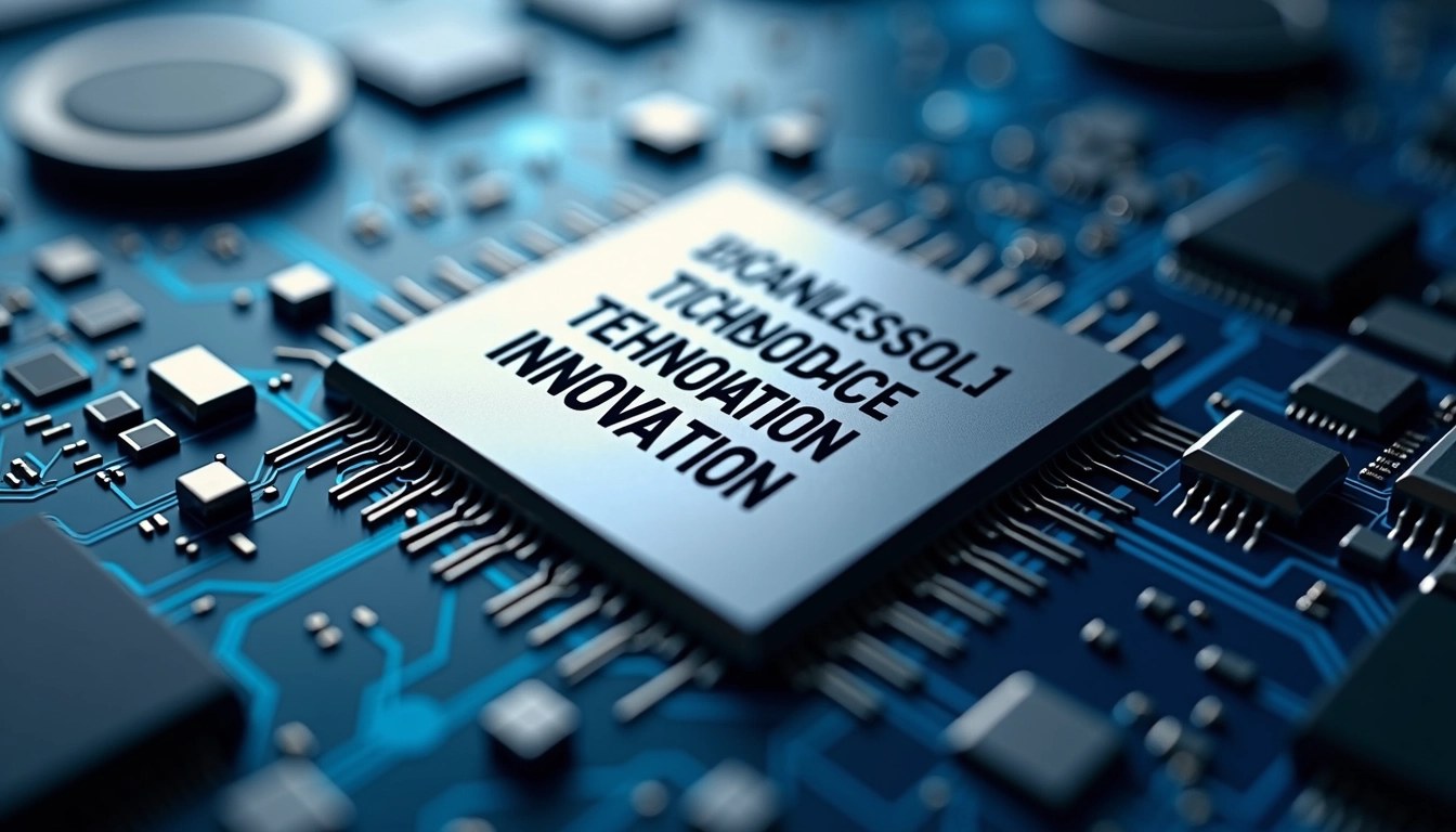 Design a similar image featuring a sleek, metallic chip with the words "TECHNOLOGY INNOVATION" centered on it. The background should have a simplified circuit board pattern, using contrasting colors like blue and silver for a modern aesthetic. The text should use a bold, sans-serif font and be slightly raised to give a 3D effect, while maintaining a minimalist look overall.