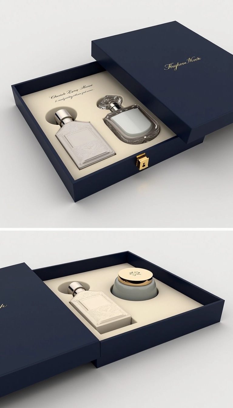 Design a luxurious gift set presentation featuring:
1. **Outer Box**: A sleek, deep navy wooden box with a high-gloss finish. The box should have a minimalist brass latch for a modern touch.
2. **Interior**: Soft, cream-colored velvet lining to contrast with the dark exterior, creating an elegant look.
3. **Contents**:
- **Bottle Design**: A uniquely-shaped fragrance bottle with a smooth, rounded base and an elegant, crystal-like topper. The bottle should have delicate etched patterns to create a premium feel.
- **Jar Design**: A classic, round moisturizing cream jar with a frosted glass finish and a gold-accented lid for a touch of sophistication.
4. **Message**: Instead of the original saying, include an inspiring quote in elegant script on the inner lid: "Cherish Every Moment."
This design balances luxury with modern aesthetics.