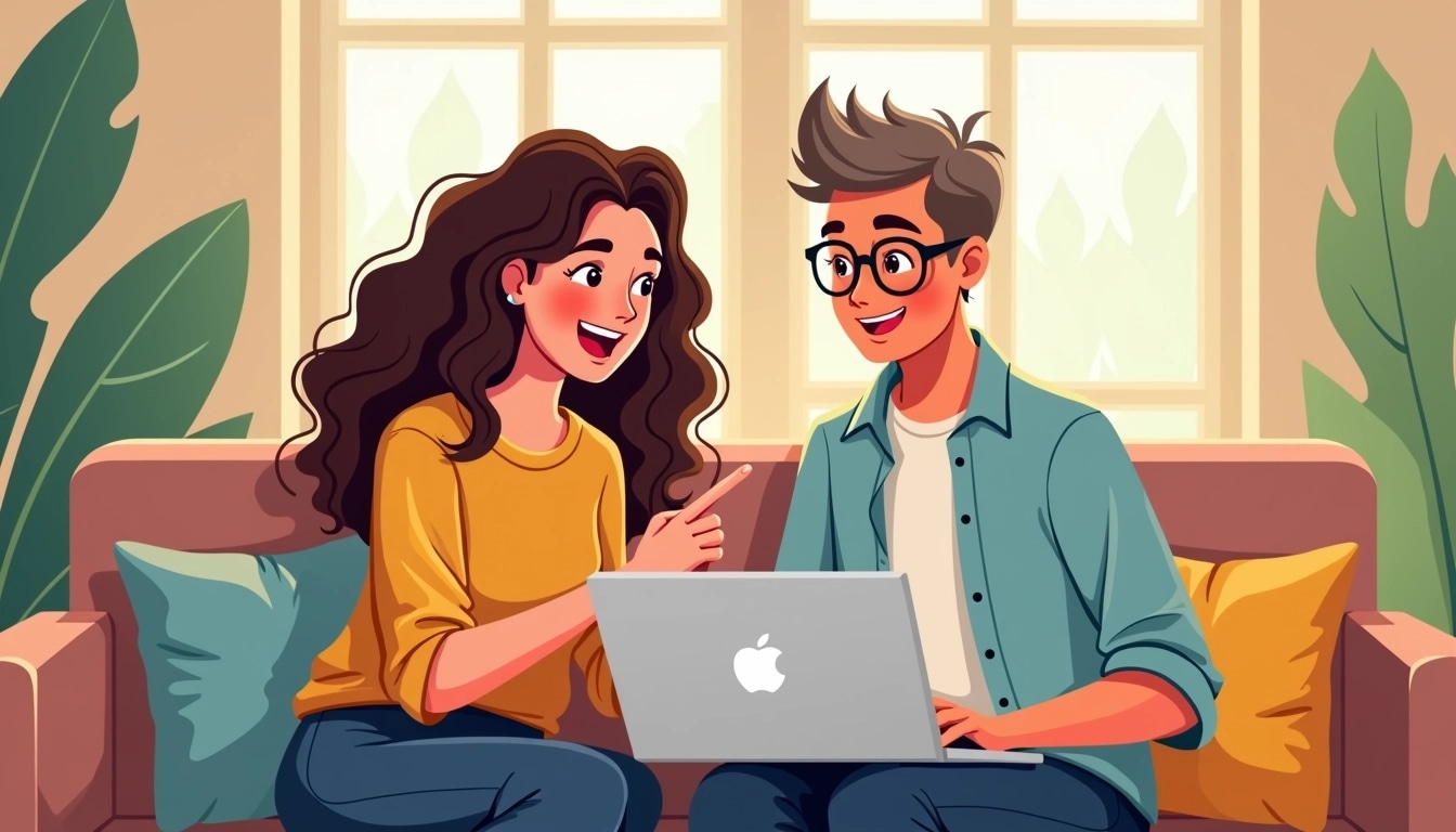 **Prompt for Revised Image Design:**
Create an illustration featuring two friends engaged in a lively conversation while working together on a laptop. One friend, with long curly hair, sits on a modern couch, wearing a casual bright-colored top, visibly excited as she points at the screen. The other friend, with short, lightly tousled hair, is wearing a stylish button-up shirt and glasses, smiling at the laptop. The background is a cozy, well-lit room with greenery visible through large windows, suggesting a relaxed atmosphere. Remove any brand references and ensure all clothing is neutral and casual in style.