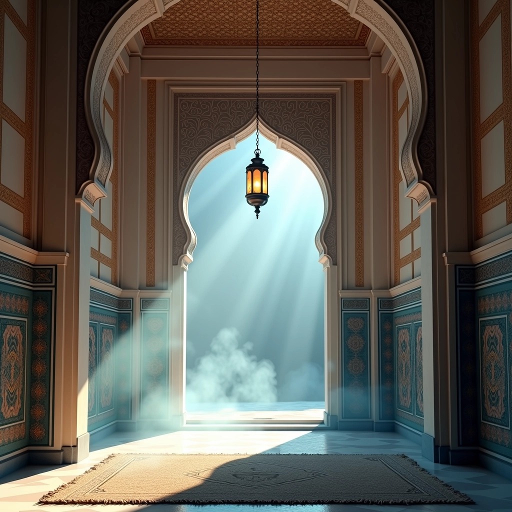 Create an image of a grand archway with intricate geometric patterns on the walls, illuminated by a vintage lantern hanging from the ceiling. Replace the warm golden lighting with cool bluish tones. The floor should feature a simple woven rug, and beams of soft light should shine through the archway, casting gentle shadows. Add soft, swirling mist to enhance the atmosphere, but remove any recognizable brand elements or specific cultural symbols.