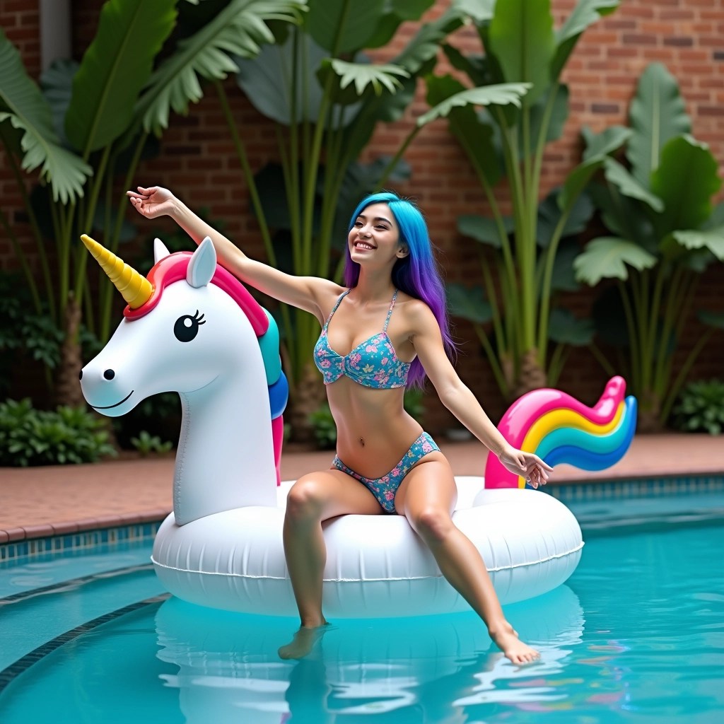 Create an image design featuring a person in a playful pose by a swimming pool, but change a couple of key features:
1. The person should be wearing a stylish swimsuit instead of being topless.
2. Change their hair to a vibrant color, such as blue or purple.
3. Use a different type of float, like a colorful inflatable unicorn.
4. Ensure the background is filled with lush tropical plants instead of a brick wall.
Remove any branding or logos from the design.