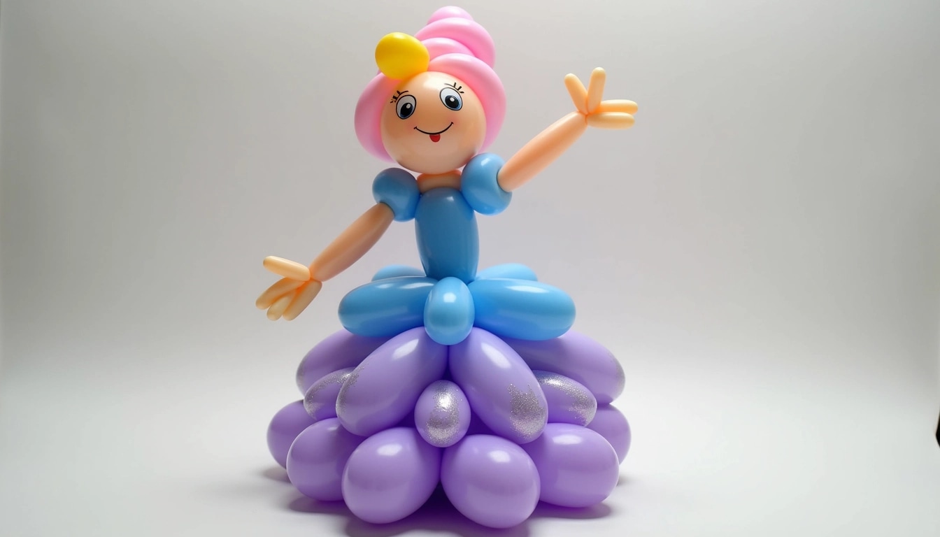 Design a balloon sculpture of a whimsical princess character. Change the following features:
1. **Facial Features**: Instead of large eyes and exaggerated lips, create smaller, more delicate features with a gentle smile and soft, round eyes.
2. **Hair**: Use a flowing, curly style instead of a braid, using a different color like pastel pink.
3. **Outfit**: Replace the blue gown with a vibrant purple dress that has a ruffled design, adding some glittery accents made from shiny balloons.
4. **Pose**: Adjust the arms to be raised in a joyful, welcoming gesture instead of positioned at the sides.
Ensure the overall shape remains similar, but these alterations should give the character a unique identity.