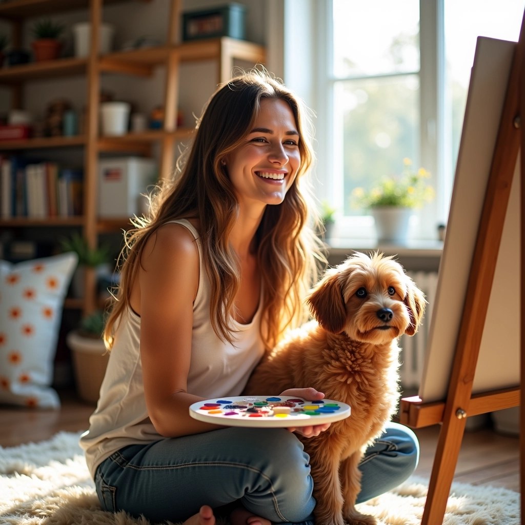 Create an image featuring a smiling woman painting on an easel, with a small, fluffy brown dog sitting next to her. The setting should be a bright, cozy room filled with art supplies and a soft rug. The woman has long, flowing hair and is wearing a comfortable, casual outfit. In her hand, she holds a palette with vibrant colors. The background includes shelves filled with art materials and a sunny window, creating a warm and inviting atmosphere.
