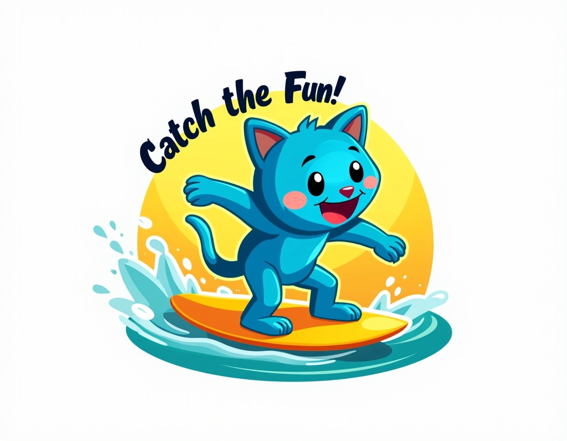 Create a logo featuring a playful blue cat surfing on a vibrant yellow surfboard. Instead of text, use a fun tagline like "Catch the Fun!" in a dynamic, bold font above the cat. The backdrop should have splashes of water and a curved wave design to enhance the sense of movement. Adjust the colors to include bright greens and oranges for a lively feel, and ensure the overall vibe is cheerful and energetic.