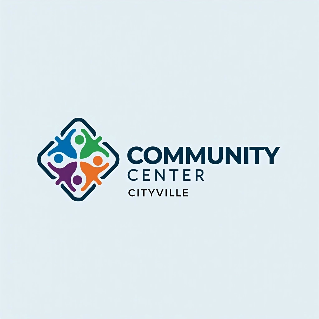Create a logo with a symmetrical design featuring four abstract human figures arranged in a diamond pattern. Each figure should be represented by a different color: blue, green, orange, and purple. The overall shape should be enclosed within a square outline with rounded corners.
Replace the brand name with “Community Center” and place it beneath the graphic in a clean, modern sans-serif font. The color of the text should be a deep navy blue. Underneath, in smaller text, add the location name “Cityville” in a lighter shade of blue.