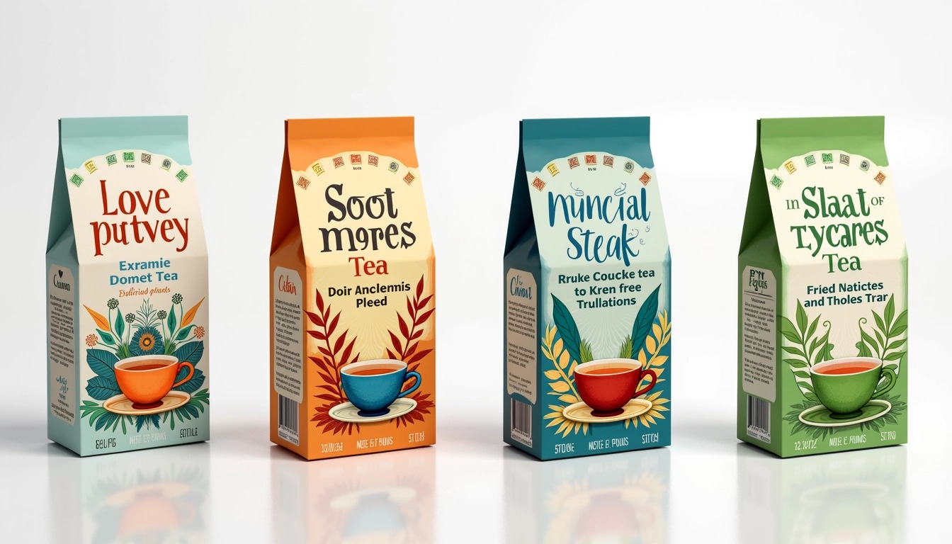 Create a series of tea packaging designs that feature the following changes:
1. Replace the direct references to "Tea Bags" with a more creative name, such as "Infusion Pouches."
2. Use bright, vibrant colors instead of the existing color palette to evoke a fresh, lively vibe.
3. Change the imagery on the boxes to feature abstract representations of tea leaves or colorful floral patterns instead of cups of tea.
4. Instead of a formal font, opt for a playful, hand-drawn style for the text elements.
5. Incorporate diverse shapes for the boxes, such as rounded edges or asymmetrical designs, to create visual interest.
6. Remove any brand logos, instead placing a catchy tagline that highlights the tea’s unique qualities, like "Awaken Your Senses."
7. Keep the product weight and count information but format it in a modern, minimalist style.