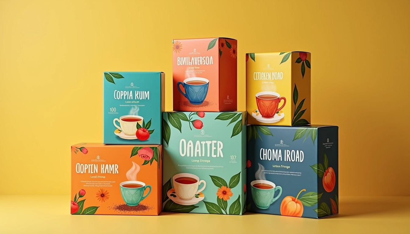 Design an array of tea packaging that features vibrant colors and playful graphics. Include various box shapes, such as rectangular and cube forms, showcasing common elements like:
1. **Box Layout**: Maintain a mix of vertical and horizontal orientations for visual interest.
2. **Color Palette**: Use warm hues like orange, yellow, and soothing blue with accents of green.
3. **Imagery**: Incorporate illustrations of steaming cups, tea leaves, and fruits, avoiding any brand logos or names.
4. **Typography**: Choose playful, modern fonts for product names and descriptions, ensuring clarity and legibility.
5. **Texture**: Add subtle patterns to the backgrounds, such as leaves or floral motifs, enhancing the organic feel.
6. **Information**: Include a generic tagline promoting the quality or flavor of the tea without brand names.
Arrange these boxes casually overlapping, some tilted, to create a dynamic and inviting display.
