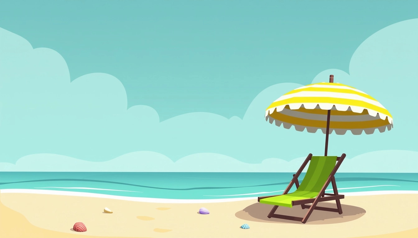Create an illustration featuring a beach scene with a green lounge chair and a large striped umbrella in shades of blue and yellow. Remove any brand references and add small seashells scattered in the sand. The overall composition should evoke a relaxing summer vibe.