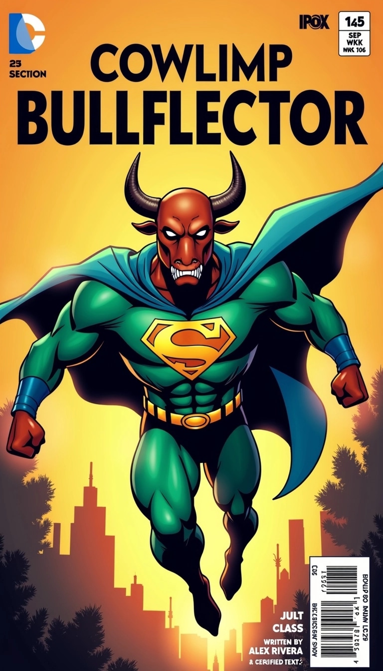 **Prompt:**
Create a comic book cover featuring a superhero with the following characteristics:
1. **Title:** Change "COWLIMP" to "BULLFLECTOR."
2. **Main Character Design:**
- The hero should have a bull-like helmet, but remove the horns.
- Give him a cape that is a vibrant shade of blue instead of brown.
- Change the emblem on his chest to depict a shield symbol.
- Alter the color of the suit to a bright green.
3. **Background:** Use a warm orange instead of yellow and incorporate a city skyline silhouette instead of trees.
4. **Price Tag:** Keep the price, but change it to "15¢."
5. **Date and Author:** Change "SEPT WK 106" to "OCT WK 107" and replace the author name with "WRITTEN BY: ALEX RIVERA."
6. **Approval Badge:** Modify the text in the approval badge to read "CERTIFIED HEROIC."
Design the layout ensuring that the title is bold and prominent at the top, while the main character is flying in a dynamic pose.