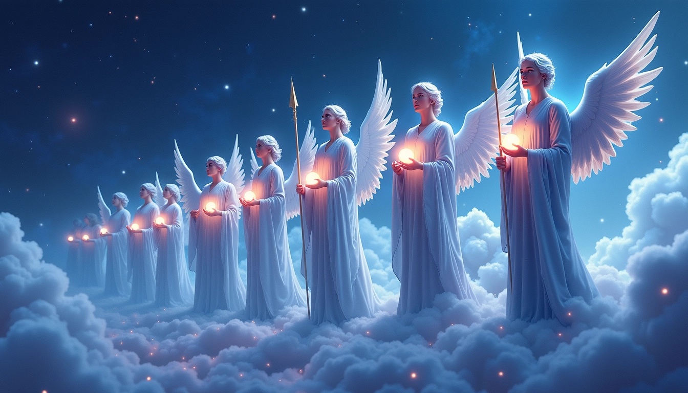 Create a similar composition featuring a procession of mystical guardians. Instead of angels, depict ethereal beings with elongated bodies and flowing robes. Change their colors to cool tones like blues and purples, with soft, shimmering accents. Remove the spears and replace them with glowing orbs that they hold in their hands. Alter the background to a gradient of deep night sky, sprinkled with stars, and introduce swirling clouds at their feet, giving a sense of movement and ethereal ambiance.