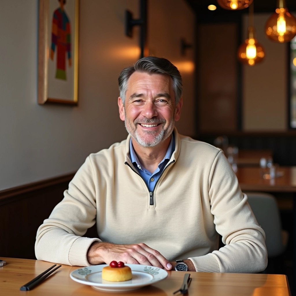 **Design Prompt:**
Create an image featuring a middle-aged man sitting at a wooden table in a modern restaurant setting. He has a light beige, quarter-zip sweater without any visible branding. The man is smiling warmly and has neatly styled hair.
The background includes stylish pendant lights with a soft glow and abstract wall art. On the table, place a decorative plate with a small dessert, a simple knife, and a set of chopsticks for an elegant touch. The overall ambiance should convey a relaxed yet sophisticated dining experience. The color palette should feature warm wood tones and subtle neutral shades.