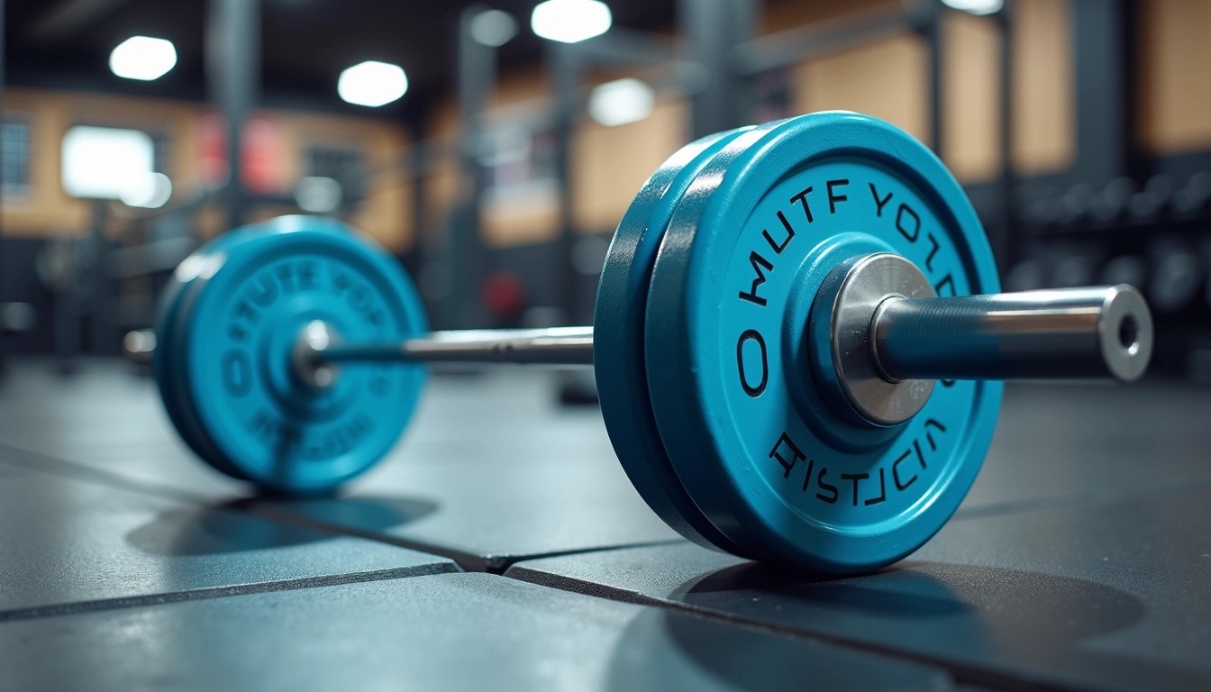 Create an image of a brightly colored barbell resting on a gym floor, with a focus on its metallic texture and vibrant weights. Change the barbell's end weights to a lighter shade, such as blue, and add some soft lighting to emphasize depth. In the background, include blurred gym equipment like benches and dumbbells, but avoid any specific brand displays or logos. Aim for a clean, modern aesthetic that highlights fitness and strength training.
