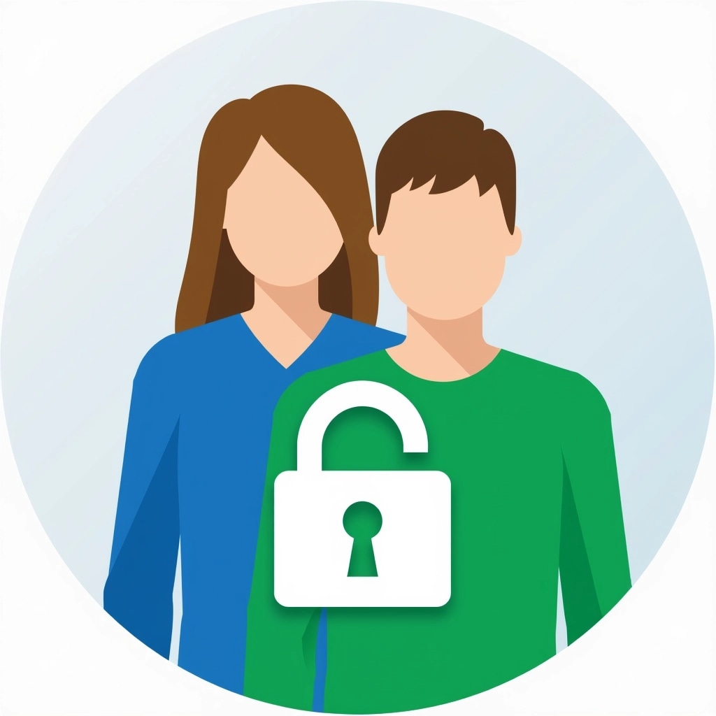 **Prompt:**
Create an illustration featuring two stylized, faceless figures with varying hair colors. One figure should have a blue shirt and the other a green shirt. Place a generic, unbranded lock symbol in the foreground, ensuring the design maintains a modern, minimalistic style. The background should be a simple gradient, conveying a sense of security and privacy without any brand references.