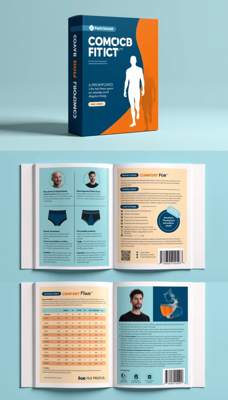 **Prompt for Reimagined Design:**
Create a packaging design for a men's underwear product.
1. **Color Scheme**: Use a vibrant color palette, incorporating shades of blue and orange instead of the original colors.
2. **Brand Name**: Replace the brand name with "Comfort Fit".
3. **Product Name**: Change the product name to "Piping Boxer".
4. **Imagery**: Feature a silhouette of a model in a natural pose instead of a full-body photo.
5. **Text Content**:
- Change the material description to: "Crafted from premium blend cotton."
- Add a tagline: "Feel the difference every day."
- Include care instructions in a simplified format.
6. **Size Chart**: Use a modern font for size reference, adjusting sizes to small through extra-large.
7. **Graphics**: Avoid any intricate patterns; use simple geometric shapes as a backdrop.
8. **Social Proof**: Add a small badge saying "Customer Favorite" without specific brand references.
9. **Legal Details**: Simplify the branding disclaimer to just mention it's a product of "Comfort Fit Co."
10. **Layout**: Maintain a clean, minimalist layout with organized sections for product info, size chart, and care instructions.
Make sure all these elements capture a modern, fresh appearance, appealing to contemporary consumers.