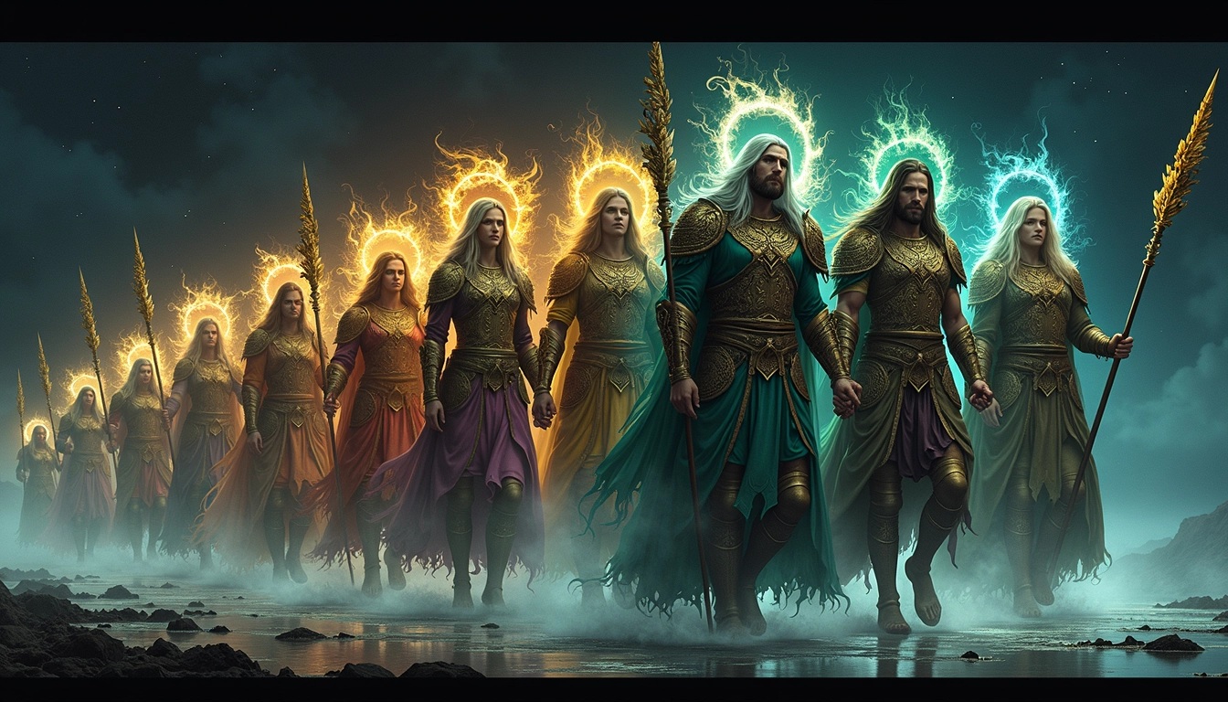 **Design Breakdown Prompt:**
Create an image featuring a group of ethereal warriors marching forward. Replace the angelic figures with mystical beings, wearing ornate armor with intricate patterns, but with a mythological twist—perhaps inspired by nature, incorporating elements like leaves or vines.
1. **Figures**: Instead of identical faces, give each warrior unique features and expressions reflecting different emotions.
2. **Armor**: Use colors like deep blues and earthy greens instead of reds and golds, and incorporate natural textures like bark and moss.
3. **Halos**: Replace the golden halos with vibrant, luminescent auras in colors such as teal and violet.
4. **Weapons**: Alter the spears to have swirling vines and leaves as part of their design.
5. **Background**: Change the black background to a twilight sky with subtle stars and a hint of clouds.
6. **Ground**: Introduce a flowing river or ethereal mist beneath their feet instead of smoke.
Make sure to remove any brand or recognizable insignia from the designs.