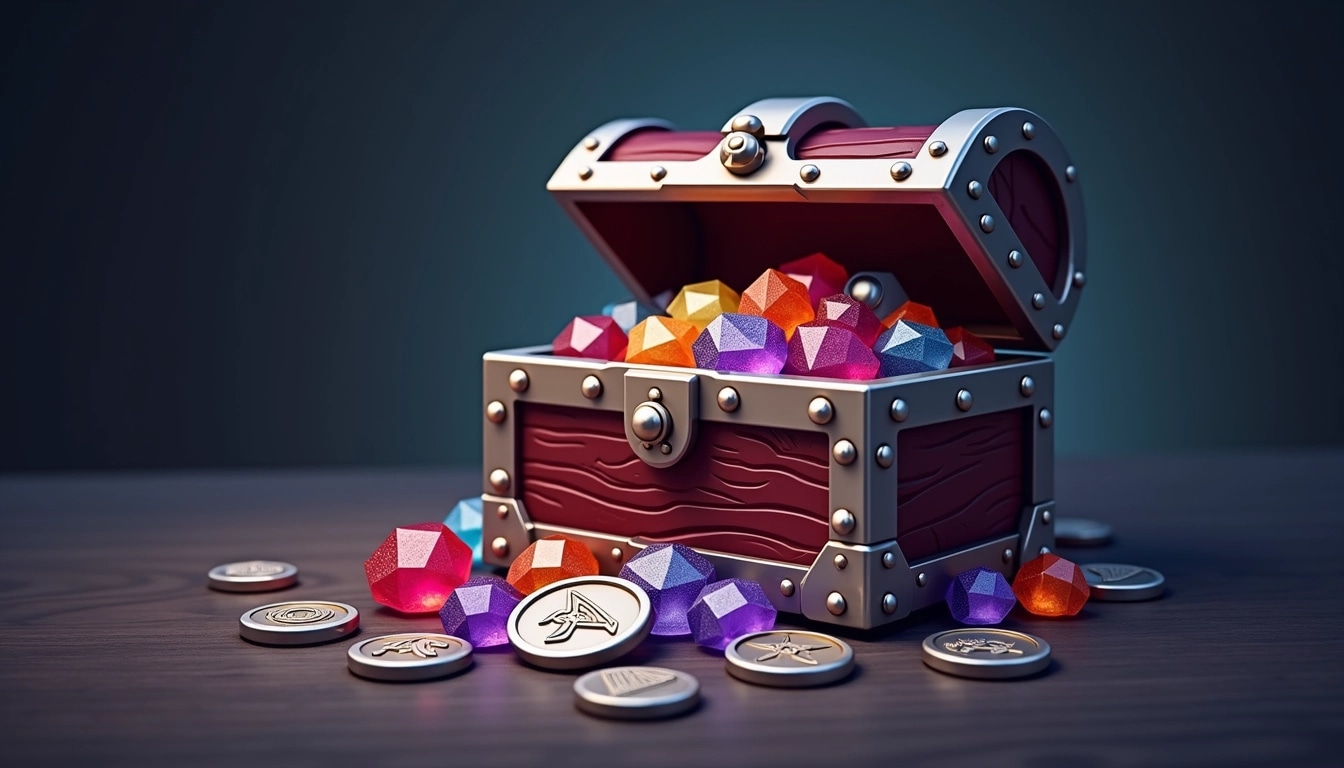Create an image of a treasure chest made from a deep burgundy wood, adorned with silver accents instead of gold. The chest should be slightly ajar, revealing an assortment of multicolored gemstones spilling out, along with small, round silver coins, each featuring a unique emblem. The background should be a soft gradient from dark blue to black, giving a sense of depth and mystery.