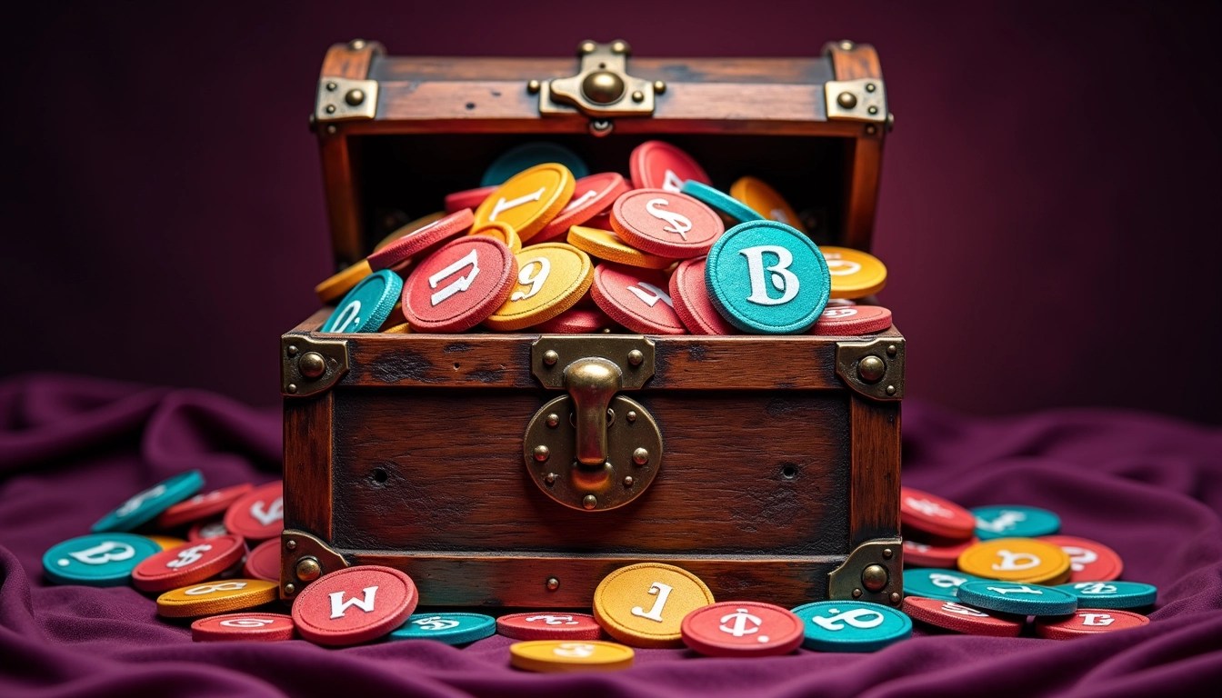 Create an image depicting a classic wooden chest overflowing with vibrant, colorful tokens. The chest should be ornate, with intricate carvings and a brass lock. Surround the chest with softly glowing light to highlight the tokens, which should feature various abstract designs instead of recognizable symbols. Use a dark velvet background to enhance the contrast and richness of the colors.