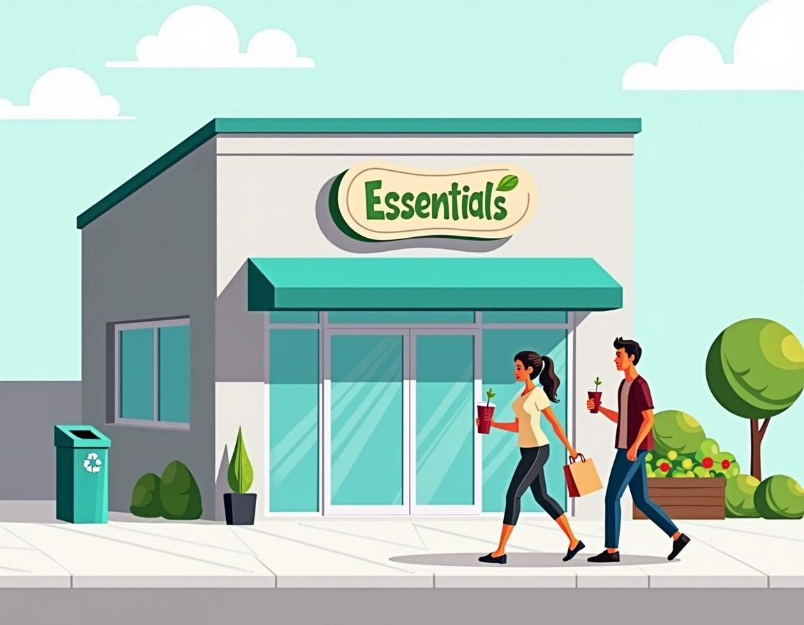 Design a storefront for a local convenience store that features large glass windows to showcase interior products. The facade should be painted in a light gray color with bright turquoise accents. Replace the original signage with a stylized, generic logo that incorporates a simple graphic of a shopping bag and the word "Essentials" in bold, modern typography. The entrance should have an automatic sliding door for accessibility.
On the sidewalk, illustrate two young adults strolling by, one holding a smoothie and the other a reusable shopping bag. The background should include a clean, minimally designed recycling bin. Include greenery, like small trees or planters, to enhance the inviting atmosphere.