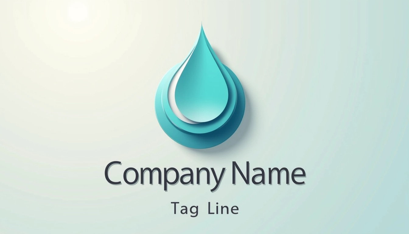 Create a logo featuring a circular emblem with a teardrop shape that incorporates a gradient from light blue to deep turquoise, symbolizing water. The teardrop should have a sleek, glossy finish to give it a modern look. Below the emblem, place the company name in bold, sans-serif typography in a metallic silver color, with a slight 3D effect. Remove any brand references and include a minimalist tag line beneath the company name. The background should be a soft, neutral gradient, enhancing the overall elegance of the design.