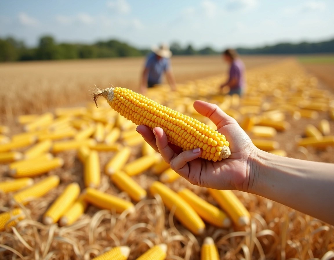 An image of a hand holding a single ear of corn, showcasing its bright yellow kernels. In the background, a vast field is covered with scattered corn cobs, with a few indistinct figures in the distance involved in gathering the corn. The scene is set under a clear sky, emphasizing the harvest theme. Change the corn to a different crop, such as ripe wheat, and alter the color scheme to incorporate warm golden hues instead. Remove any recognizable brand elements and ensure the focus is on the natural setting and agricultural theme.