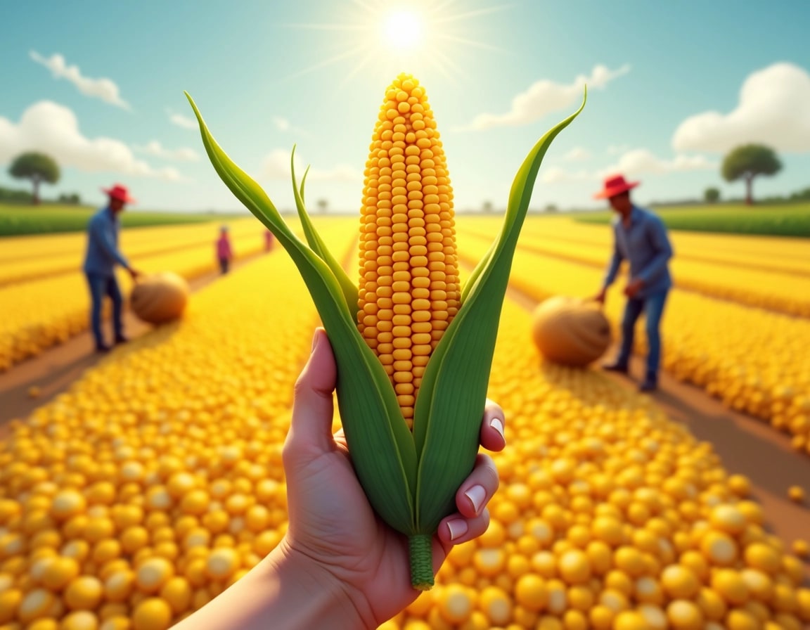 Design a scene of a person holding a bright, stylized ear of corn with a textured surface, surrounded by a vast field of golden corn kernels scattered on the ground. In the background, include blurred figures of people collecting crops, set against a sunny sky with a few distant trees. Change the ear of corn to a mix of colors like yellow and green, and make the background more vibrant, perhaps with patches of different crops.