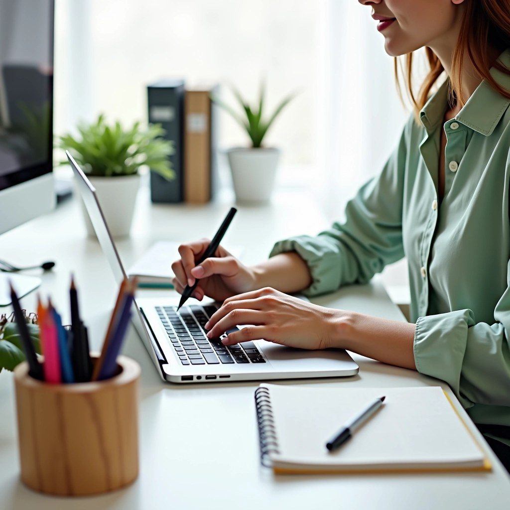 Design a workspace scene featuring a person wearing a light green shirt, sitting at a white desk. The desk has a modern laptop instead of a monitor, with a sleek pen in the person's right hand. Change the stationery holder to a wooden container, filled with colored pens and pencils. Instead of a notepad, include a colorful sketchbook. Remove any brand identifiers and create a bright, clutter-free background with natural light.