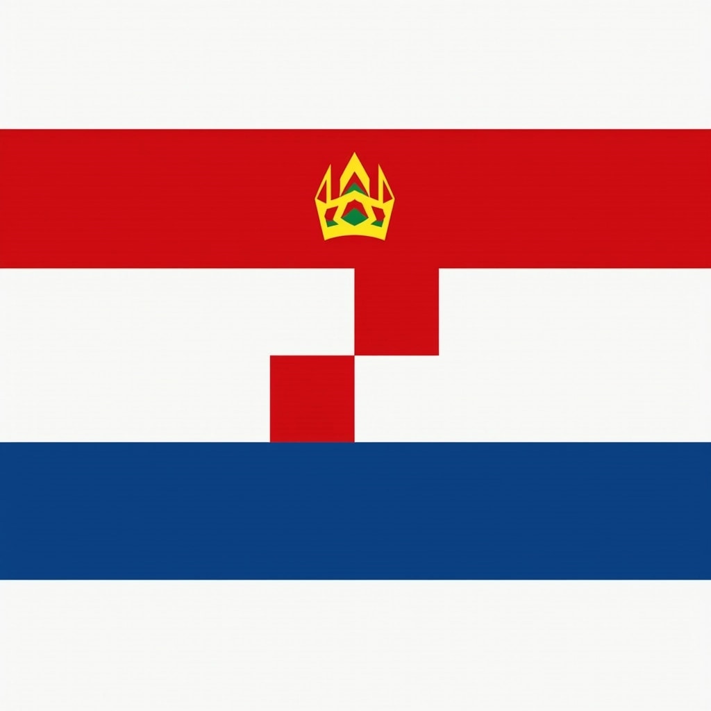 Create a flag design with three horizontal stripes: the top stripe red, the middle stripe white, and the bottom stripe blue. Instead of a coat of arms in the center, place a simplified geometric pattern of alternating squares in red and white. Above this pattern, incorporate a unique emblem made up of abstract shapes that do not reference any specific brand or country. Ensure the emblem is a combination of vibrant colors like yellow and green, without any specific symbols or letters.