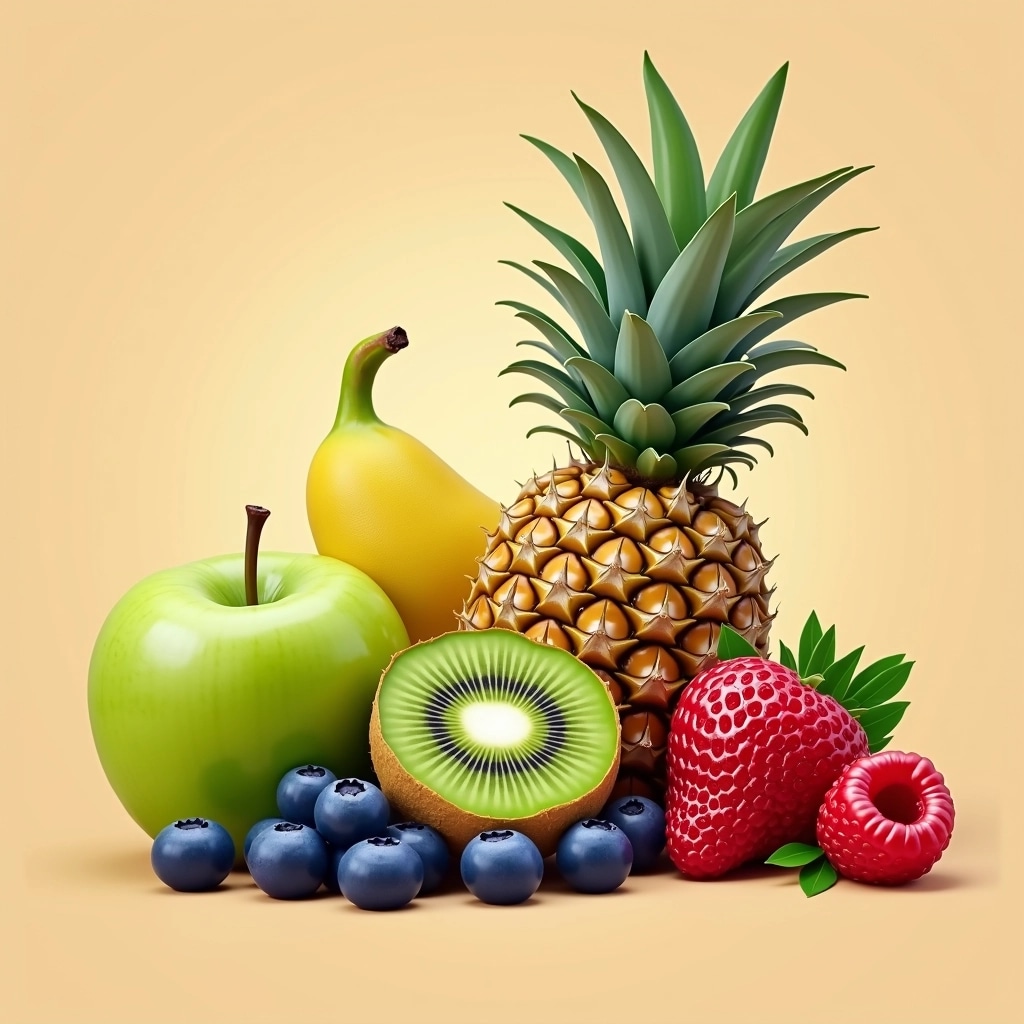Create an image featuring a variety of fruits arranged in an appealing way. Include a green apple, a pineapple, a bunch of blueberries, a sliced kiwi, and a red raspberry. The background should be a simple, solid color to enhance the focus on the fruits. Aim for vibrant colors and ensure the fruits are realistically depicted, showcasing their textures and natural sheen.