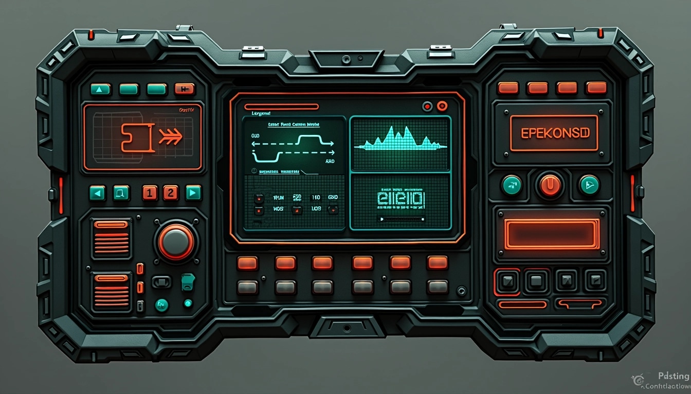 **Design Breakdown: Sci-Fi Control Panel**
- **Color Scheme**: Change the dominant colors from red and blue to a deep green and orange, creating a different visual atmosphere.
- **Button Layout**: Substitute rectangular buttons with circular ones, adding a more futuristic touch. Adjust their arrangement to create a non-linear, organic flow.
- **Screen Displays**: Replace the text on the screens with abstract, animated waveforms and graphs, emphasizing active data streams rather than static information.
- **Material Texture**: Use a matte finish instead of a glossy one for the surface, giving the panel a more industrial look.
- **Lighting Effects**: Introduce pulsing light effects on the buttons, simulating activity and creating a sense of urgency.
- **Overall Shape**: Alter the panel's shape to be more asymmetrical, breaking the conventional straight lines and adding a dynamic quality.
This revised concept maintains the high-tech feel while introducing unique aesthetic elements.