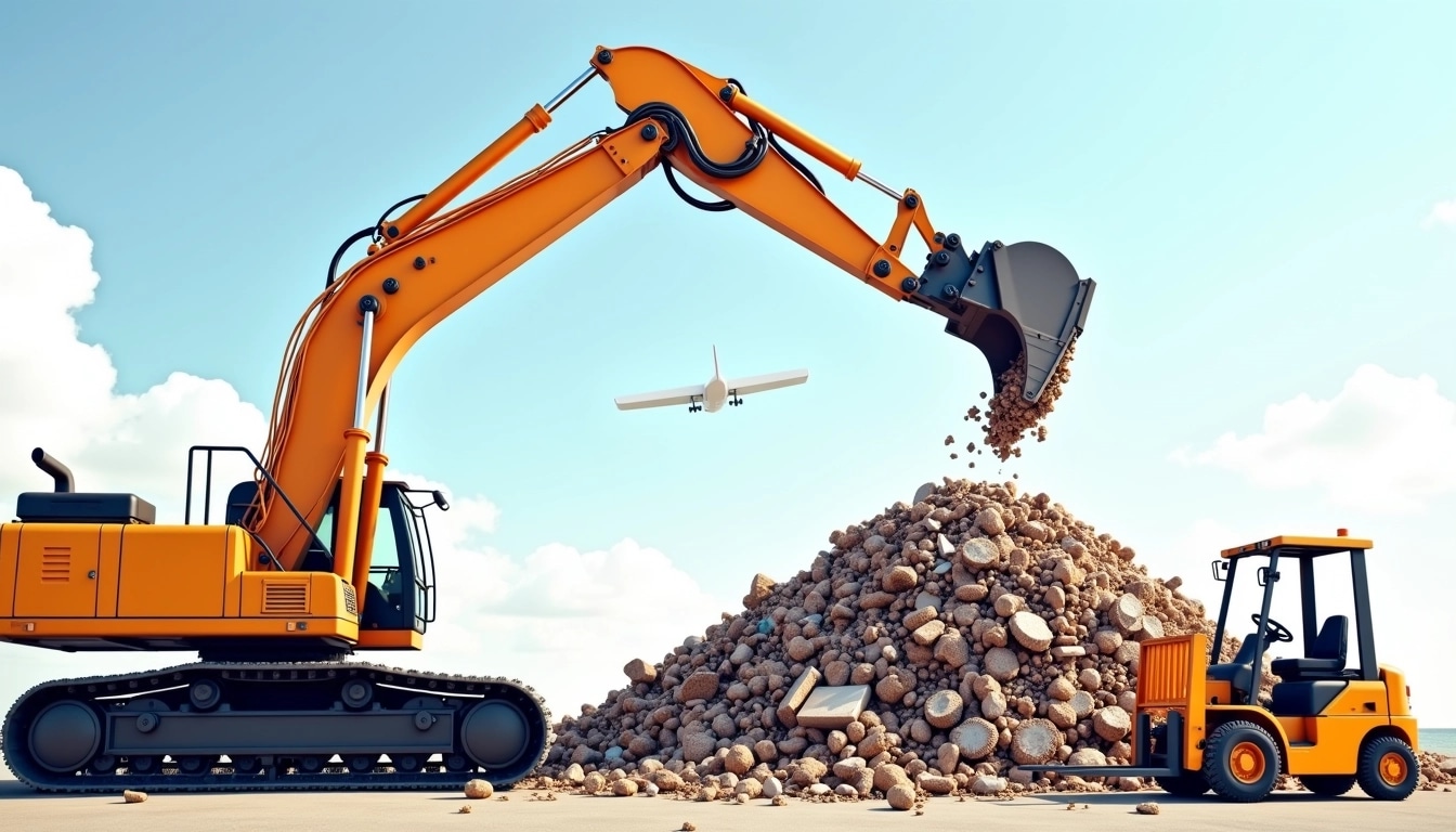 **Image Design Prompt:**
Create an image featuring a large mechanical arm with a claw attachment reaching down towards a mound of mixed debris, such as wood chips and metal scraps. The background should show a clear sky, without any airplanes in the distance. Ensure the arm is a bright orange color and adjust the mound to be more rugged and less uniform. Replace any brand logos or identifiers with generic textures and colors. Consider adding a small forklift nearby to enhance the industrial setting.