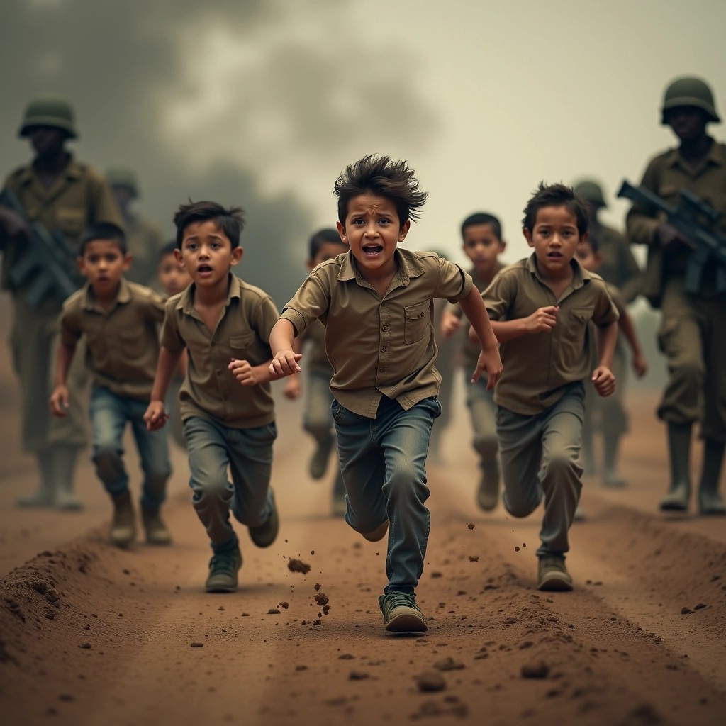 Create an image depicting a group of children running on a dirt road, expressing fear and urgency. In the background, include blurred silhouettes of people in military attire, suggesting a tense atmosphere. The scene is set against a dark, smoky sky, emphasizing a dramatic and chaotic environment. Remove any specific brand or location references from the design, focusing instead on the emotions conveyed by the children's expressions and the overall tone of the image.