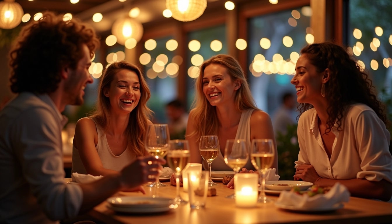 **Prompt:**
Create an image depicting a group of four friends enjoying a lively dinner at a warm, ambient restaurant. Focus on their expressions of joy and engagement as they share stories. The setting should include soft, golden bokeh lighting in the background to evoke a cozy atmosphere. Instead of brand references, include a playful graphic overlay that resembles a wave pattern, symbolizing good vibes and fun conversation. The characters should wear casual yet stylish outfits, and the table should be adorned with elegant glassware and simple, tasteful decor.